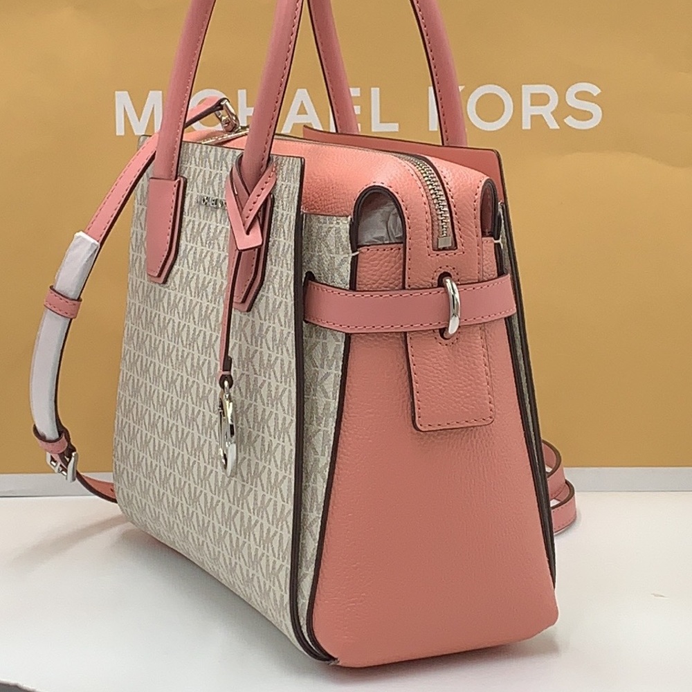 MICHAEL KORS MERCER MEDIUM TOP ZIP BELTED SATCHEL PRIMROSE VANILLA SIGNATURE - Picture 7 of 16